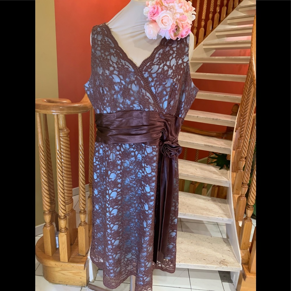 Satin lined brown lace dress with flower belt